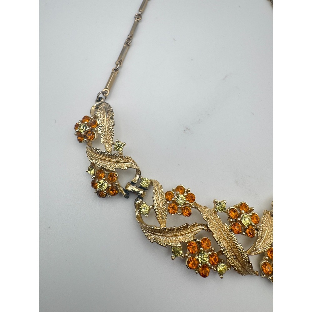 Vintage Coro Necklace Gold Tone Orange Rhinestone Flower Leaf Bib - Picture 7 of 11
